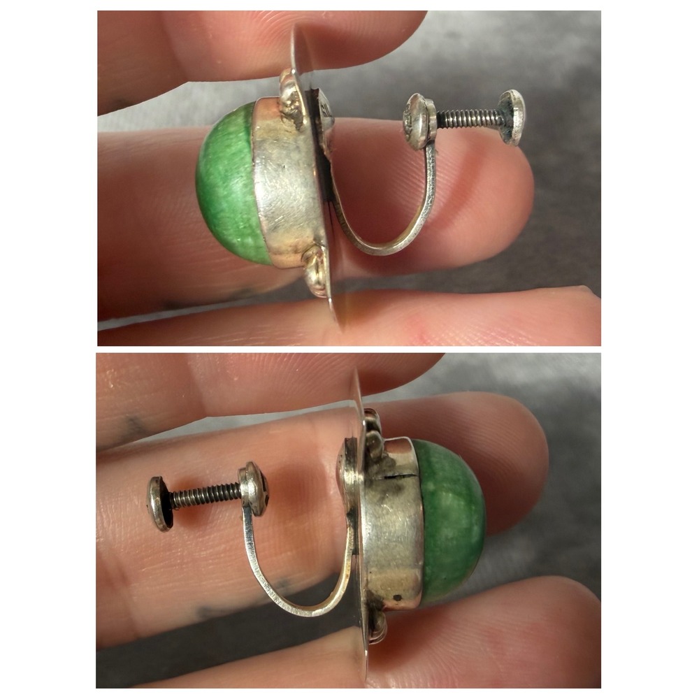 Vtg Mexico Silver Green Stone Cabochon Screw Back Earrings Mid Century Deco 11g - Picture 4 of 11